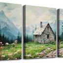SERIMINO Nature Landscape Canvas Wall Art for Living Room, Forest Mountain Canvas Prints Paintings Room Decor, Cottage Meadow Wildflower Modern Farmhouse Wall Decor Set of 3, 12"X16" (Mountain Cabin View)