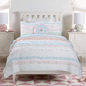Cozy Line Home Fashions Light Pink Blue Coral White Ruffle 100% Cotton Reversible Girl Quilt Bedding Set, Reversible Coverlet Bedspread (Shabby Chic, Twin - 2 Piece)