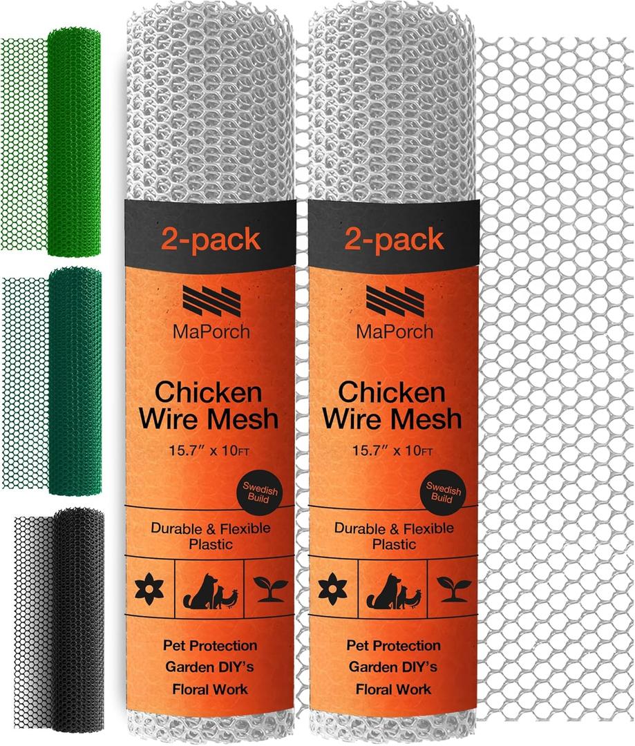 MaPorch Plastic Wire Mesh Fence - White, 15.71" x 10 ft, 2 Pack - Plastic Chicken Wire Fencing for Dogs, Rabbits & Poultry - Chicken Netting Barrier - Balcony Netting for Pets - Balcony Cat Barrier