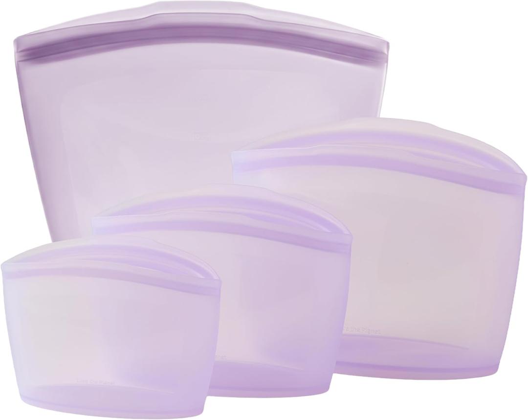 Blue Ginkgo Reusable Silicone Storage Bags 4-Pack | Korean-Made Stand Up Food, Freezer Bags - Lavender