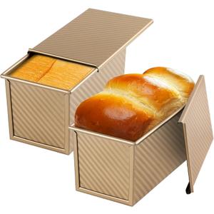 Beasea Pullman Loaf Pan 2 Pack, 1 lb Non-Stick Bread Pan with Lid Carbon Steel Gold Toast Box Mold With Cover For Bakeware Bread, Baking Tools for Oven Baking