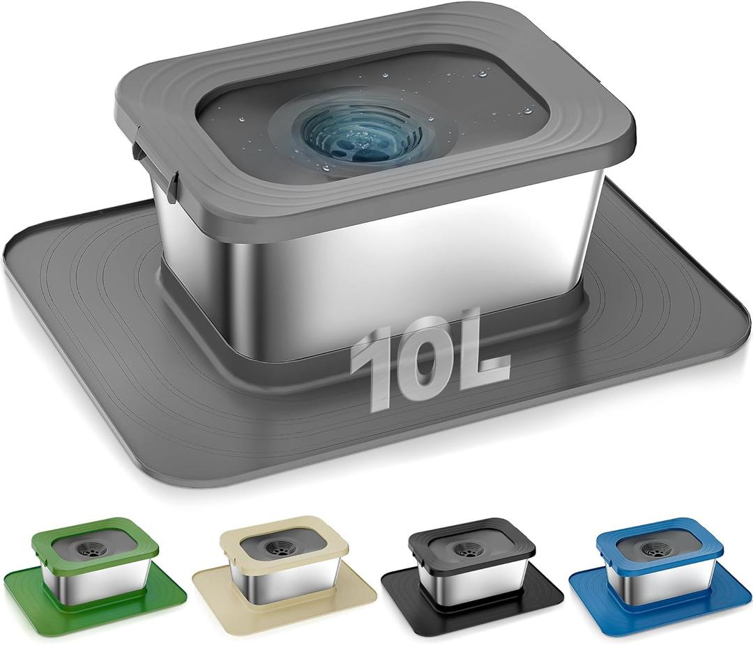 10L No Spill Dog Water Bowl, 2.6 Gal Stainless Steel No Splash Large Dog Water Bowl with Non-Slip Silicone Mat, Spill Proof Slow Drinking Pet Bowls for Messy Drinkers Indoor/Outdoor Use Gray (Grey)