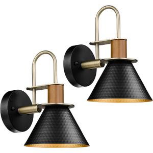 Modern Wall Sconces Set of Two, HWH Industrial Sconce Wall Lighting Indoor Wall Lamp, Gooseneck 1-Light Barn Vanity Light, Hammered Metal Shade, Black and Gold Finish, 5HZG74B-2 BK+BG (Medium)
