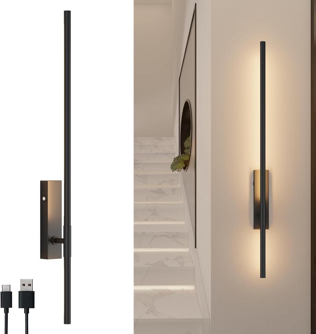Battery Operated Wall Sconce Set of 1, 32.7inch Rechargeable Wall Light Indoor, Dimmable 6W Wireless Sconce for Living Room, Bedroom, Hallway, Black