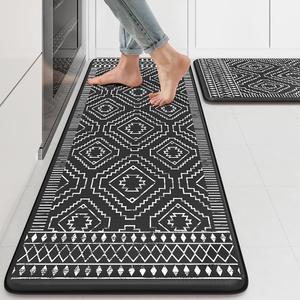 KIMODE Anti Fatigue Kitchen Mat,Black Boho Kitchen Rugs Non Slip Sets of 2,Kitchen mats for Floor Cushioned,Morocco Geometric Memory Foam Cushioned Standing Mats for Sink,Laundry,Office (17.3" x 47 "+ 17.3" x 29 "--0.47 inches)