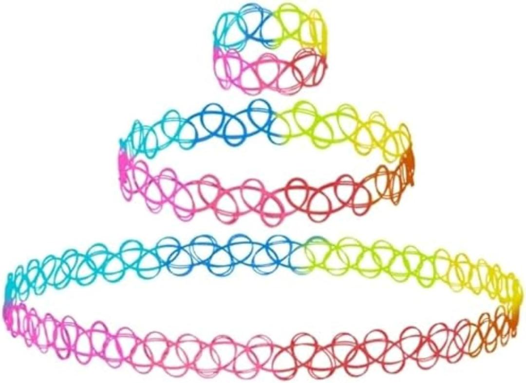 BodyJ4You 3PC Tattoo Choker Set Necklace Bracelet Ring - 90s Necklace 2000s Y2K Fashion Vintage - Stretchy Elastic Neck Lace Women's - Gothic Black Multicolor Rainbow - Classic Fashion Trend