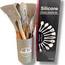 12-Piece Silicone Cooking Utensil Set with Wooden Handles, Gray Holder (Ivory)