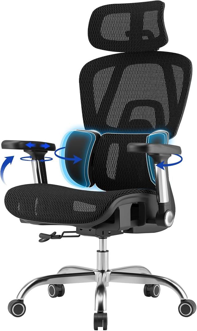 Mesh Office Chair Breathable, Office Chairs, Desk Chair with Adjustable Lumbar Support, Computer Chair, 5D Flip-Up Armrests, 330lbs Capacity, Tilt Lock, 3D Headrest, 27.6" x 27.6" x 48"-51.2"