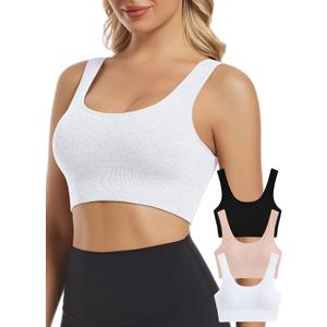 Chilylori Seamless Sports Bras for Women Pack of 3 Ribbed Sports Bra Workout Tops Cropped Tank Top Comfort Padded Yoga (XL)