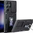 ANGELAS Shockproof Phone Case for Samsung Galaxy S23 Ultra - Silicone TPU Bumper with Anti-Fall Protection, Slide Camera Cover & Rotating Ring Kickstand, 6.8Inch, Black