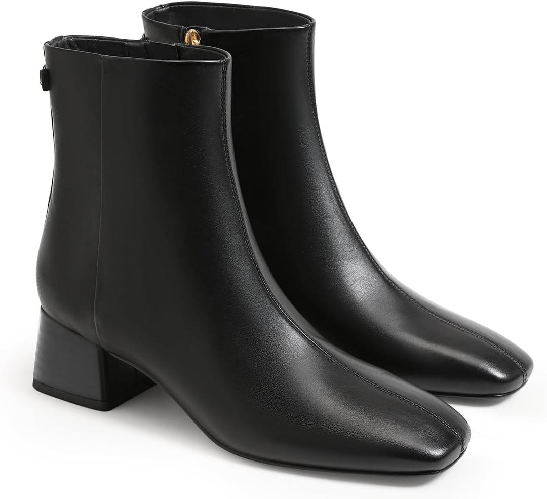 Coutgo Womens Ankle Boots Chunky Low Heel Square Toe Booties Side Zipper Winter Dress Shoes (6, Cool Black)