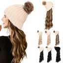 HOOJIH Hat Wig, Hat with Hair Attached Long Wavy Curly White Knitted Beanie Hat Wig with Faux Fur Pom Hat Attached Synthetic Hairpiece for Women - Light Brown with Medium Golden Blonde Highlights (One Size)