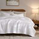 palassio Striped White 100% Cotton Quilt Twin Size Bedding Sets, Lightweight Crinkly Channel Pick Stitch Textured Bedspread Soft Shabby Chic Farmhouse Country Coverlet for All Season, 1 Sham