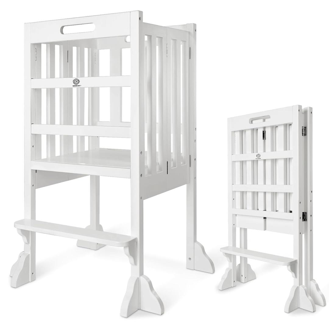 WOOD CITY Kitchen Step Stool Helper - Montessori Foldable Standing Tower for Toddlers with Safety Rail, Height Adjustable Ideal Helper for Learning New Skills, Natural Pure Pine Wood(White)