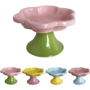 Ceramic Elevated Cat Bowls Flower Dish,Small Raised Dish.Flower Ceramic Raised Bowls for Cats and Small Dogs reducing pets Neck Bending and Pressure Pink Green