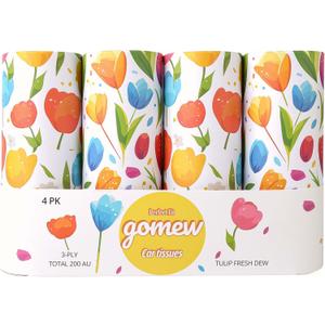 Car Tissue Holder (4 PK) - 50 3-Ply Tissues per Cylinder, Fits Car Cup Holders, Portable Travel Tubes Box Container, Tulip Design, Round Tissue Container for Car Accessories