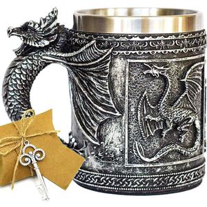 Medieval GOT Dragon D&D Game Mug of Thrones Merchandise Beer Steins Viking Tankard Stainless Coffee Cup Gift Mug for Dragon Collector, Themed Party Decoration