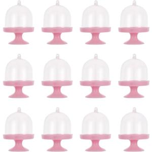 DOITOOL 12pcs Mini Cake Stand Plastic Mini Cake Plate Stand Dome Cover Cake Box for Small Cupcakes Desserts and Candy (Pink)