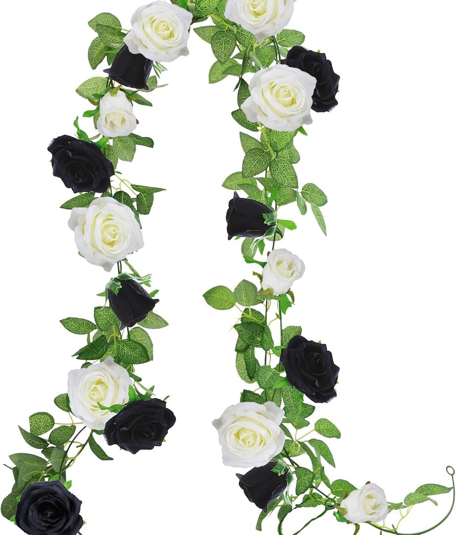 Greentime 2pcs Artificial Flower Garland 13 FT Fake Rose Vine 9 Heads Rose Garland for Wedding Arch Table Centerpiece Arrangement Room Baby Shower Decor (Black and White) 