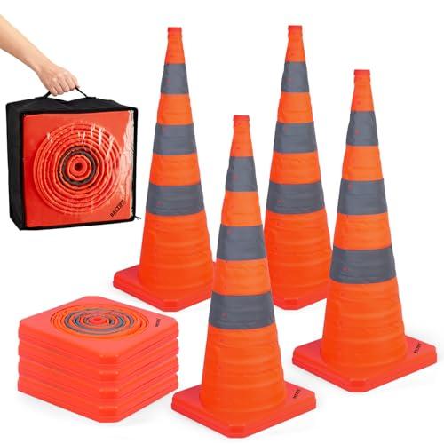 BATTIFE [4 Pack] 36 Inch Collapsible Traffic Safety Cones, Orange Cones, Multi Purpose Pop-up Cones with Reflective Collar, for Road Parking, Driving Practice