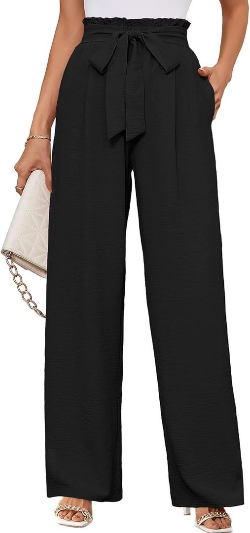 KORSIS Women's Wide Leg Lounge Pants Lightweight High Waisted Loose Work Elastic Casual Outfits Trousers with Pockets (Large, Black)