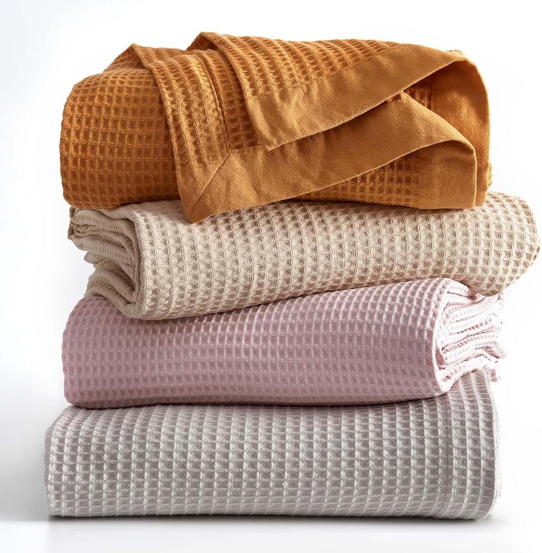100% Cotton Yellow Blanket King Size for Bed - Breathable and Soft, Waffle Weave for Summer Spring, 102x90 Inches (Marigold)