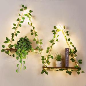 Ivy Lighting Organize String Wooden Hanging Shelves Braided Rope[Set of 2],Floating Shelves for Living Room Wall Decor,Hanging Plant Wall Shelf (Large, Green Decor With Led-strip)