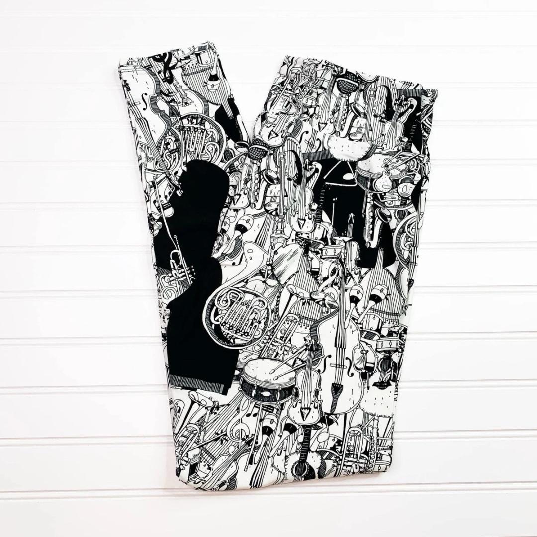 TC LuLaRoe Leggings - Black With White Musical Instruments T/C