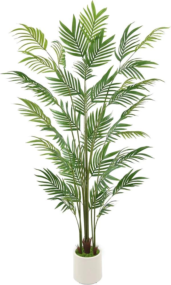 Ting's time Artificial Palm Tree 7ft Faux Plants Large Tropical Palm Tree with 15 Trunks Lifelike Leaves White Potted for Outdoor Indoor Housewarming Gift Modern Decor 1Pack