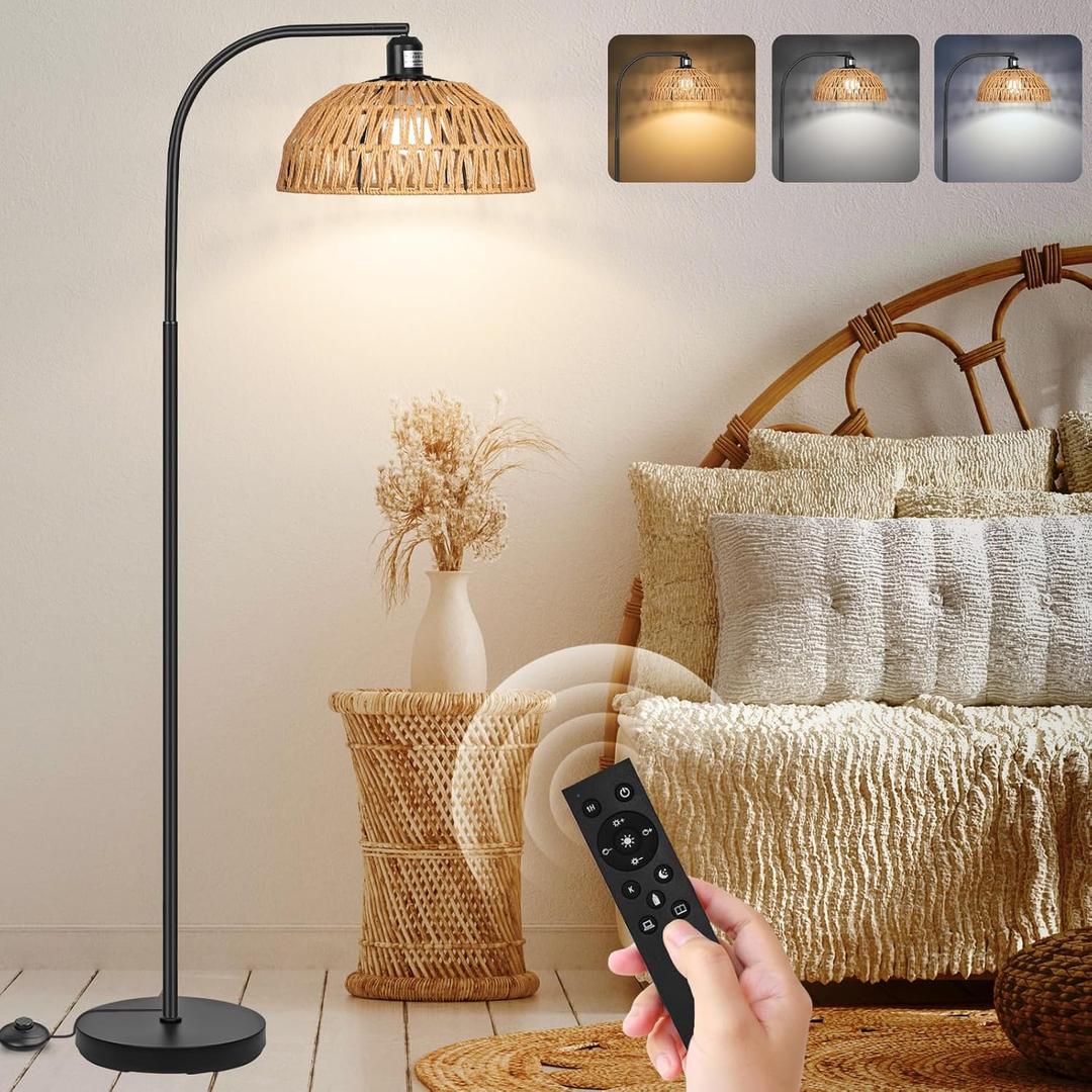 Rattan Floor Lamp- Boho Standing Lamp with Remote Control and Dimmable Bulb, Hand-Worked Adjustable Rattan Shades, Black Farmhouse Tall Lamp, Boho Arc Floor Lamps for Living Room, Bedroom, Office