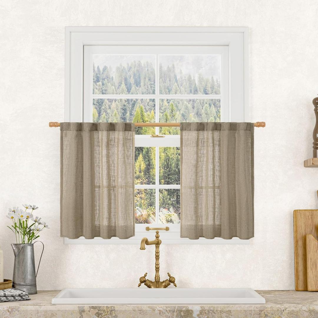 LAMIT Taupe Linen Curtains 24 Inch Length, Semi Sheer Light Filtering Window Panels Back Tab and Rod Pocket Drapes for Basement/Small Windows, 25 x 24 Inch, 2 Panels