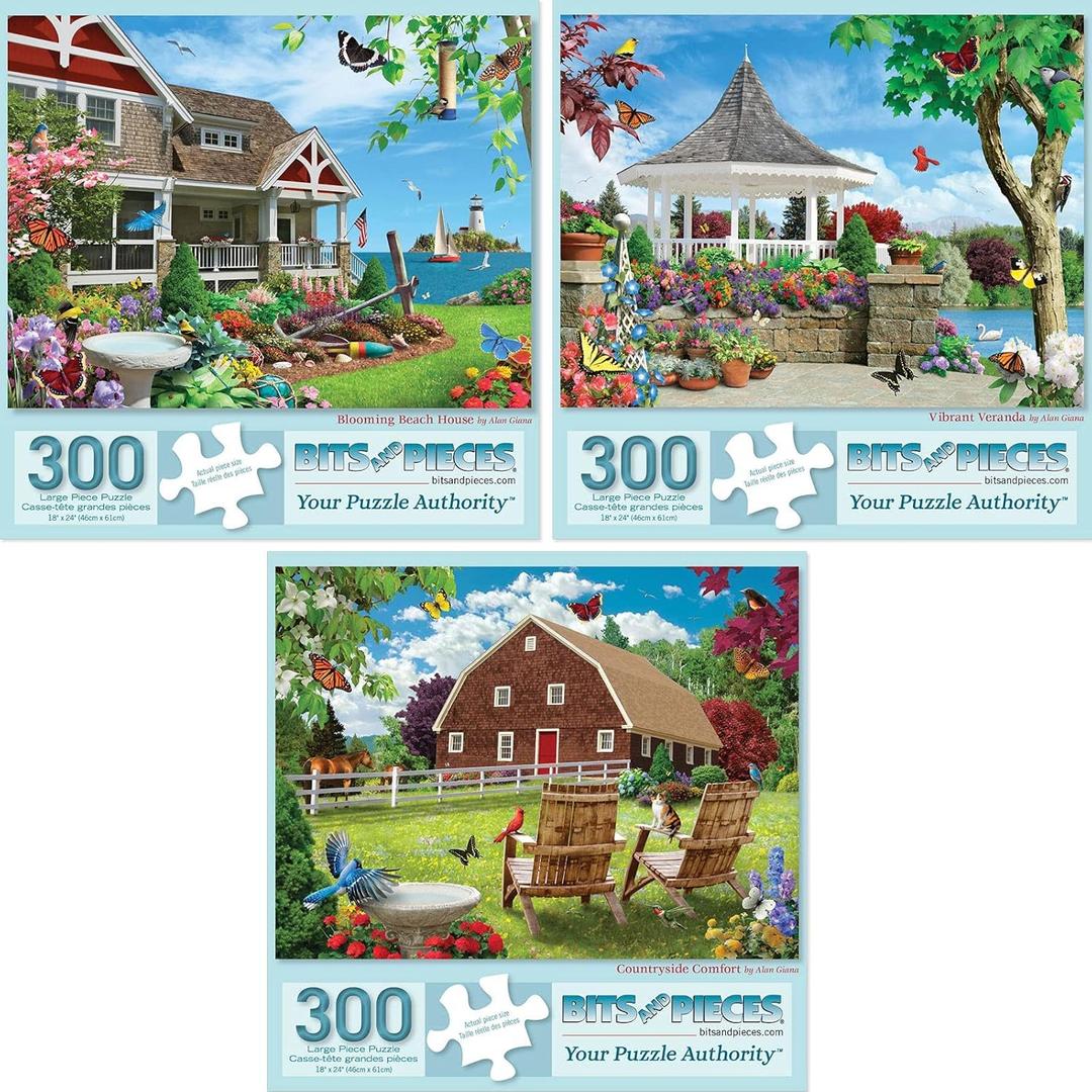Bits and Pieces - Value Set of 3, 300 Piece Jigsaw Puzzles for Adults - Measures 18" x 24" - 300 pc Vibrant Blooming Branch House Countryside Comfort Flowers Summer Jigsaws by Artist Alan Giana