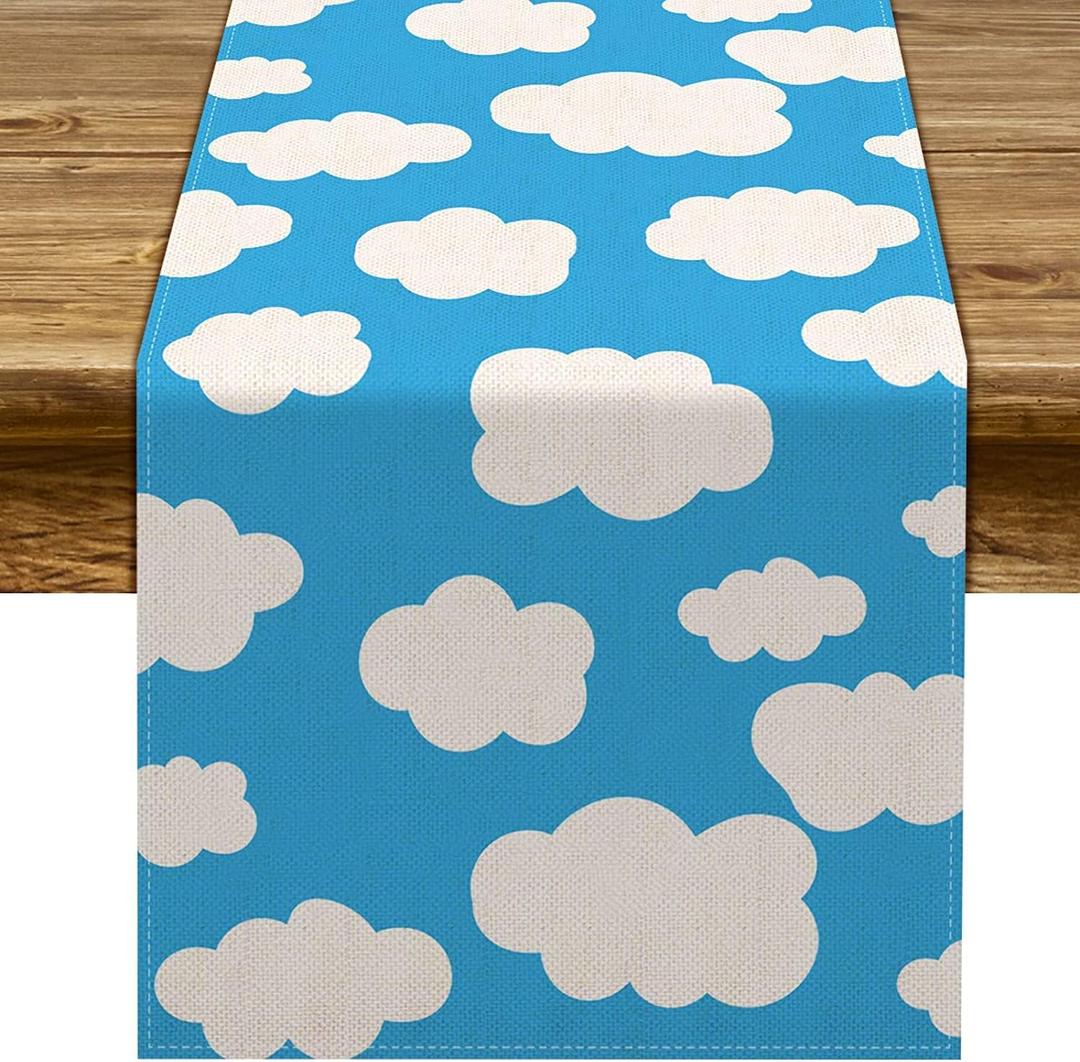 Sunwer Blue Sky White Cloud Table Runner Cartoon Story Themed Birthday Party Decoration Home Kitchen Dining Room Decor 90Inches Long (13" x 90")