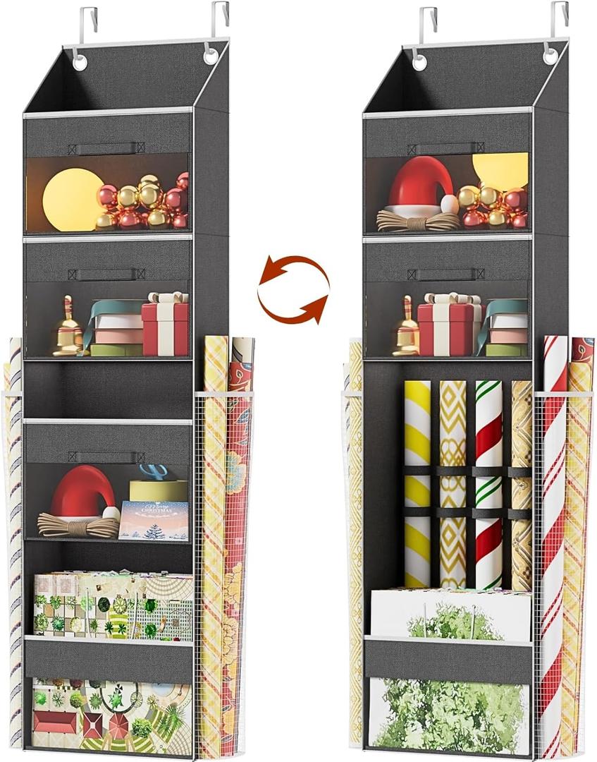 Over Door Wrapping Paper Organizer Storage with 3 Removable Drawers & Side Pockets  Dual Use Design with Elastic Straps  Christmas Gift Wrap Storage for Ribbons, Bows, Ornament and Other Tools (Grey)