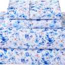 Softan King Floral Sheets, Microfiber Blue Flower Printed Fitted Sheets with Non-Slip Corner Straps and 15" Deep Pocket, Butterfly Patterned Cozy King Bed Sheets & Pillowcase Sets