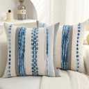 Boho Pillow Covers 18x18 Set of 2 for Couch-Modern Farmhouse Sofa Decorative Blue Throw Pillow Covers Textured Chenille Cushion Covers Outdoor Netural Bohemian Pillow Cases Square