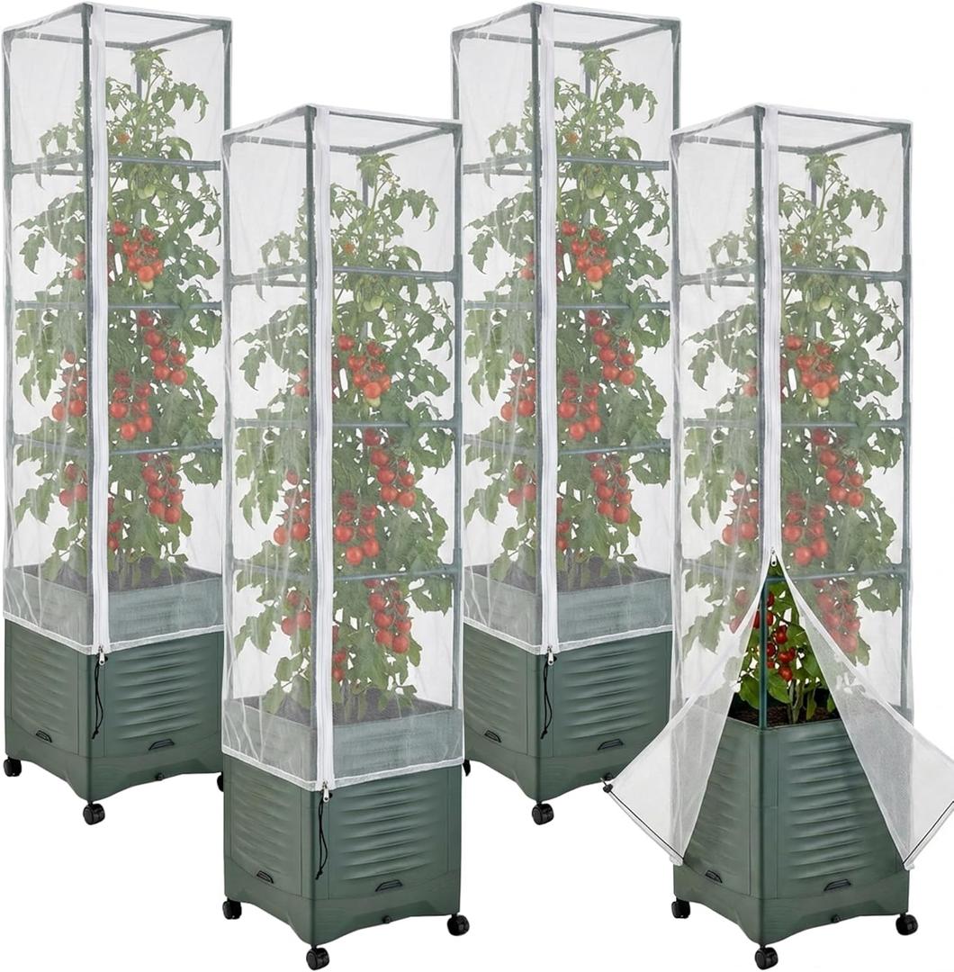 4 Pcs Garden Bird Netting Plant Cover for Square Tomato Cage, 59" x 17.7" Insect Bird Barrier Tomato Cage Net with Zipper & Drawstring, Tomato Trellis Netting Protection Cover for Protecting Plants