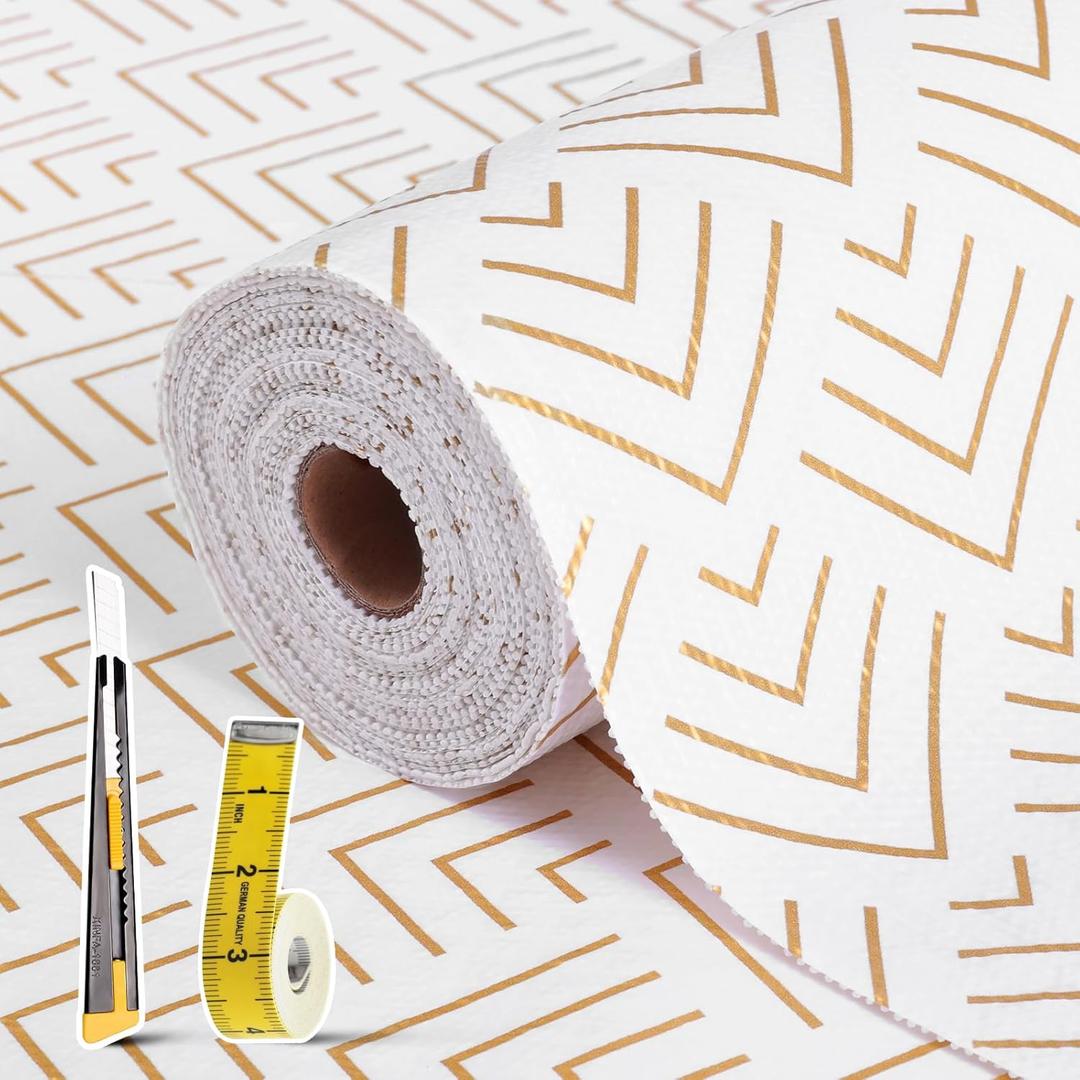 Shelf Liner for Kitchen Cabinets 11.8 x 236.2IN Non Adhesive Drawer Liner Non-Slip Thickened Shelf Liner Paper Strong Easy to Clean for Tool Box Refrigerator with Knife and Tape Measure, Gold Arrow