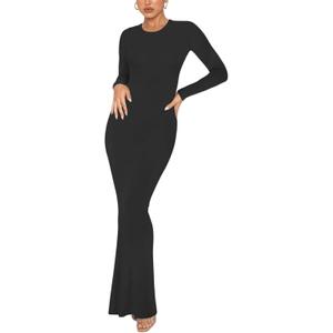 REORIA Women's Sexy Crew Neck Lounge Long Dress Elegant Long Sleeve Ribbed Bodycon Maxi Dresses (Black)