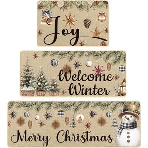 Layhit 3 Pcs Holly Ornament Retro Christmas Kitchen Rugs and Mats Set Netural Xmas Kitchen Mat Merry Christmas Pinecone Snowman Rugs for Xmas Party Home Decor 20'' x 59'', 20'' x 47'', 20'' x 32''