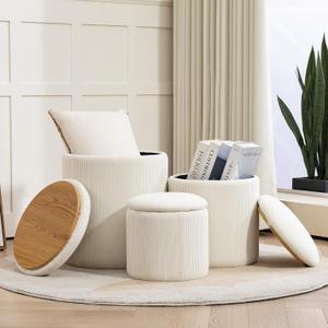 Round Set of 3 Ottoman with Storage-Upholstered Velvet Vanity Stool for Modern Multifunctional Coffee Table Padded Seat Foot Rest for Living Room and Bedroom (Beige)