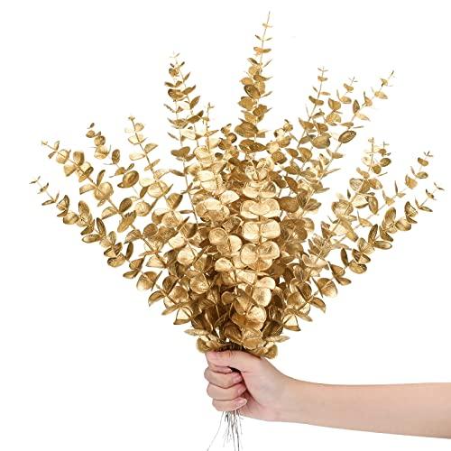 Waydress 12 Pieces Gold Eucalyptus Stem 16 Inch Artificial Eucalyptus Spray Fake Leave Decor Fall Faux Floral Arrangement Faux Flower for Wedding Party Bouquet Home Farmhouse Vase DIY Craft