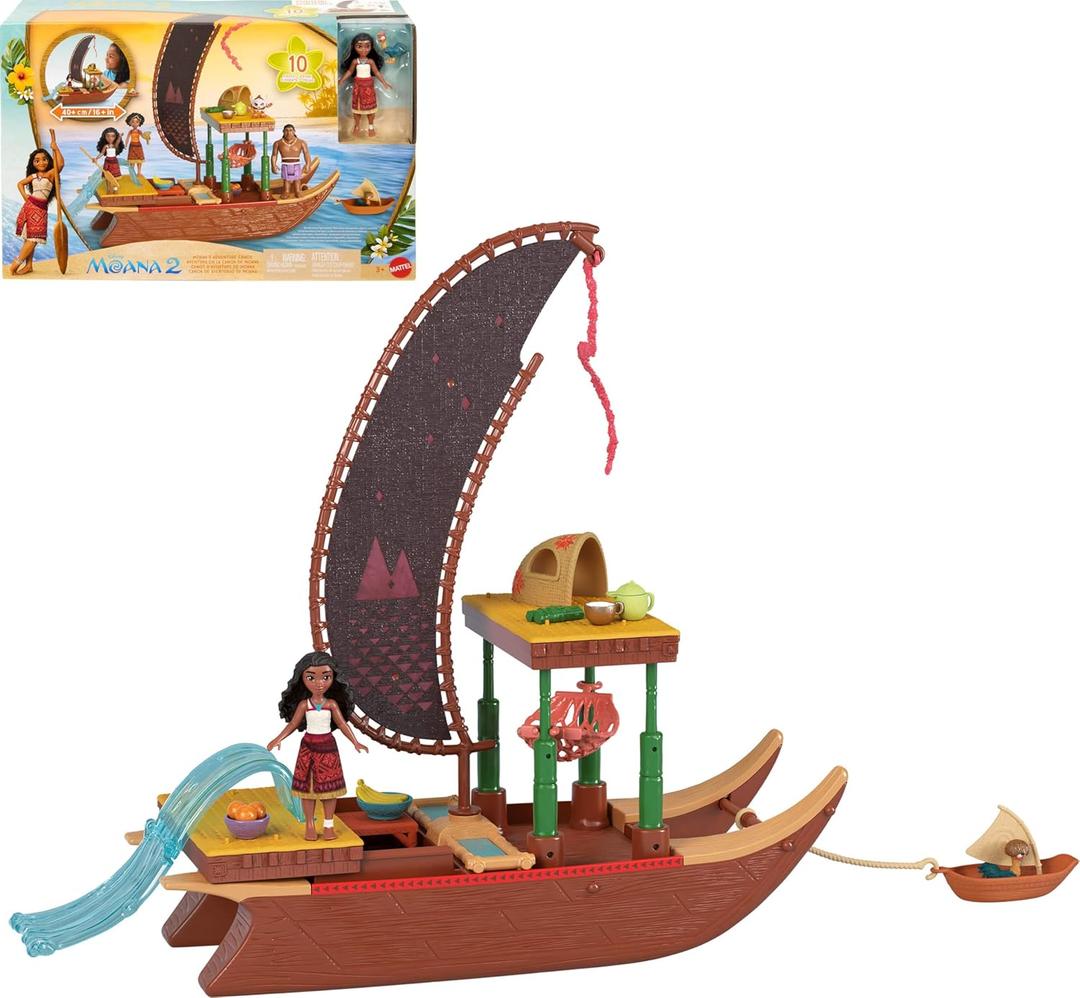 Mattel Disney Moana 2 Toys, Moanas Adventure Canoe Playset with Floating Canoe, Small Doll, 1 Character Friend, 6 Play Areas & 10 Accessories