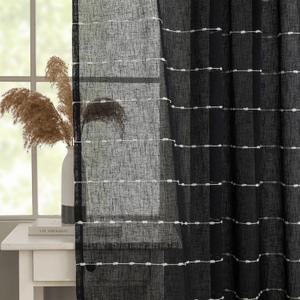 YJ YANJUN Black Boho Curtains 72 Inches Long Black with White Stripes Textured Sheer Curtains for French Door Modern Farmhouse Country Voile Drapes for Living Room Home Office 6 FT 52" W x 72" L