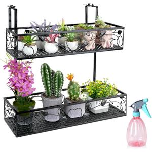 2-Tier Balcony Flower Pot Stand Rack, Hanging Railing Planter Shelf Basket, Height Adjustable Iron Hanging Flower Pot Holder for Balcony Decor Patio Porch Fence Railing