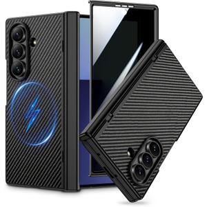VEGO for Samsung Galaxy Z Fold 7 Case, Compatible with MagSafe A-Black | [Hinge Protection][Privacy Screen Protector] Magnetic Slim Leather Cover for Samsung Galaxy Z Fold7 - Carbon Fiber Black