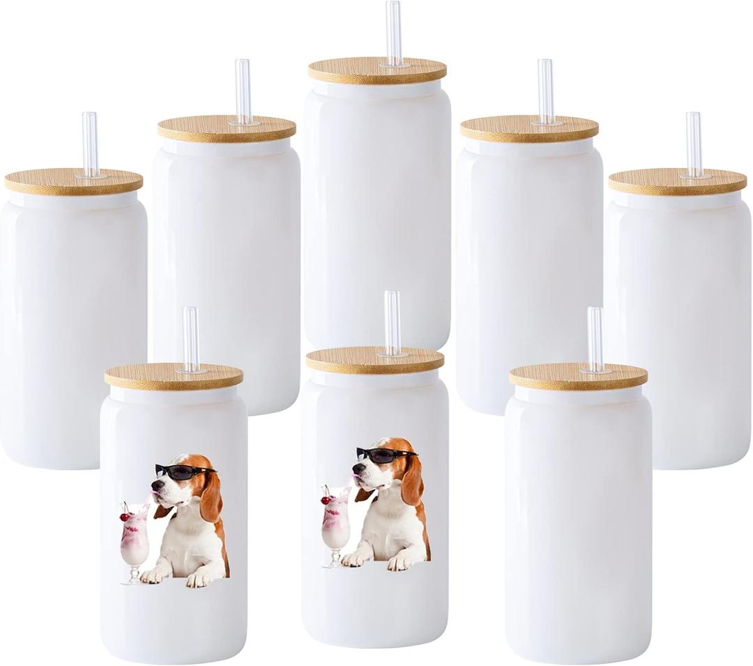 8 Pack Sublimation Blank White Glass Cans Sublimation Beer Glass Cups with Bamboo Lids Borosilicate Glasses Tumbler Mason Jar Cups Mug with Glass Straw for Beer, Juice, Drinks 16oz White