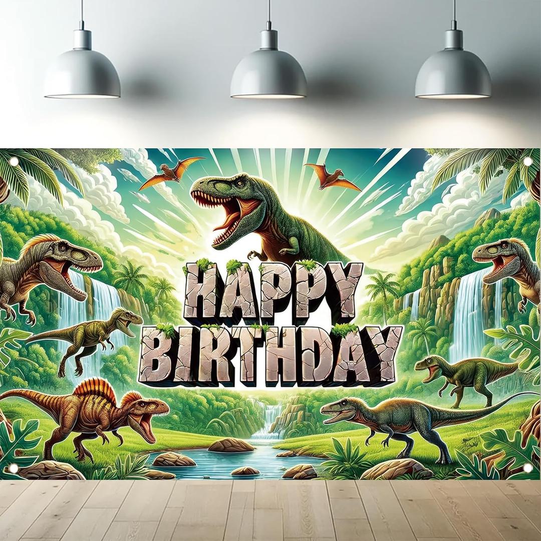 Dinosaur Happy Birthday Banner Backdrop Jurassic Jungle Party Decorations Realistic T-Rex Waterfalls Prehistoric Scene Props Decorations Photography Background 70.8 x 43.3 Inch