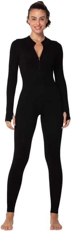 Sunzel Long Sleeve Jumpsuits for Women, Ribbed One Piece Casual Yoga Workout Zip Front Bodysuits, Legging Fit & Thumbhole 28" Inseam Black X-Large