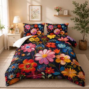 Colorful Flower Comforter Set Queen Size 3 PCS Bed in a Bag,Cute Floral Bedding Set for Girls Teens,Ultra Soft Microfiber Comforter Bed Set with 3-Pieces, Floral Bedroom Decor with Pillowcases